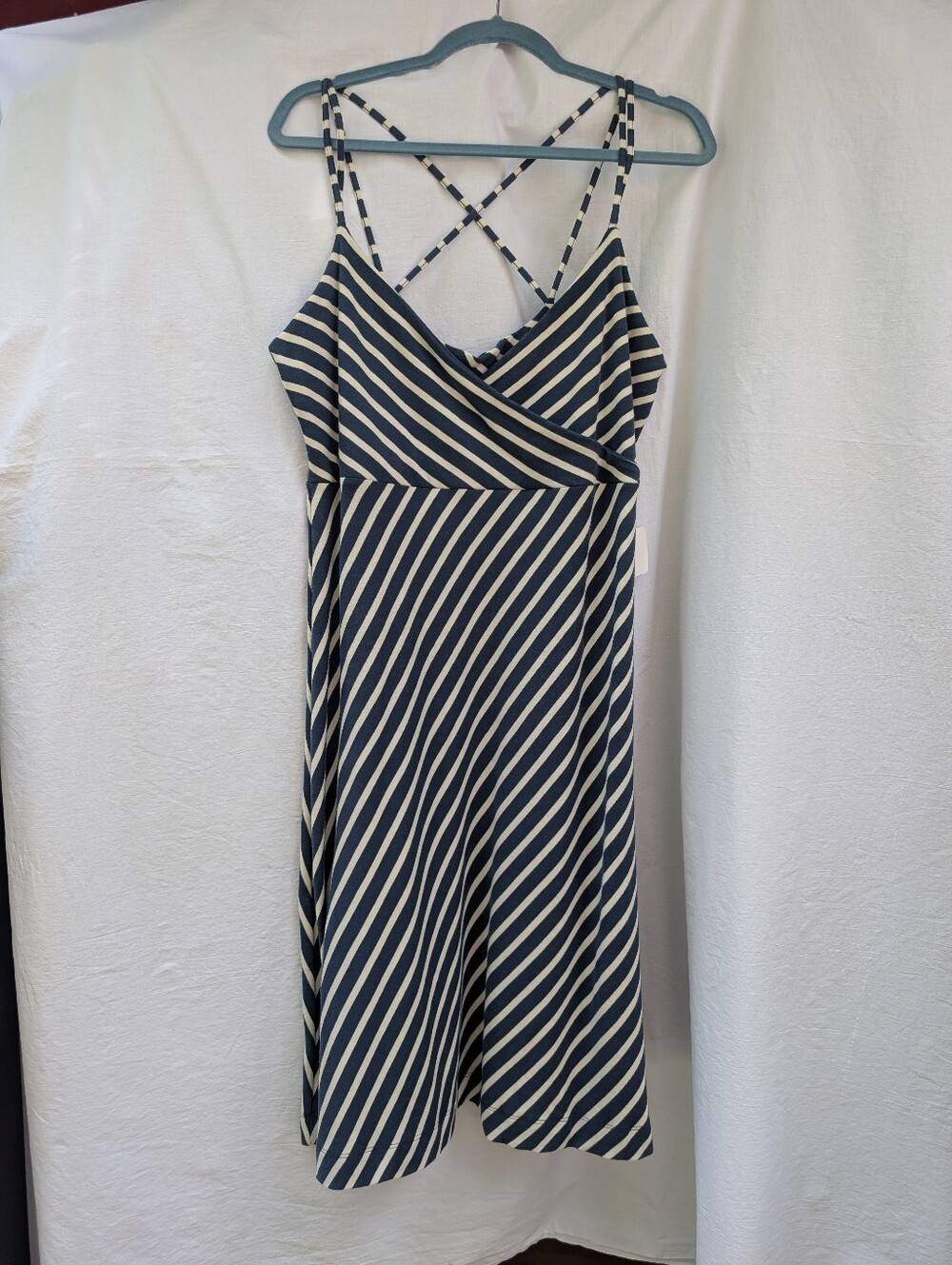 NWT Fair Indigo Diagonal Stripe Organic Cotton Strappy Midi Dress Sz L